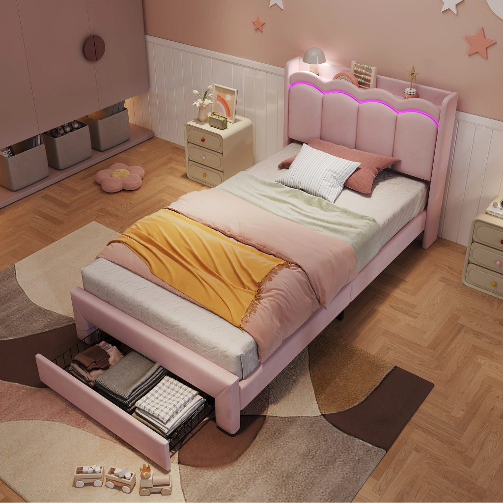 Letto singolo imbottito 90 x 200 cm in velluto rosa con cassetto; LED e testiera a onde