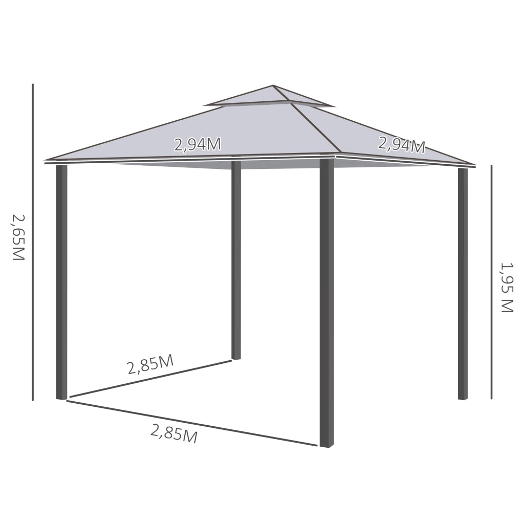 Gazebo 294 × 294 × 265 cm con 4 pareti in rete; doppio tetto in poliestere e struttura in metallo grigio antracite