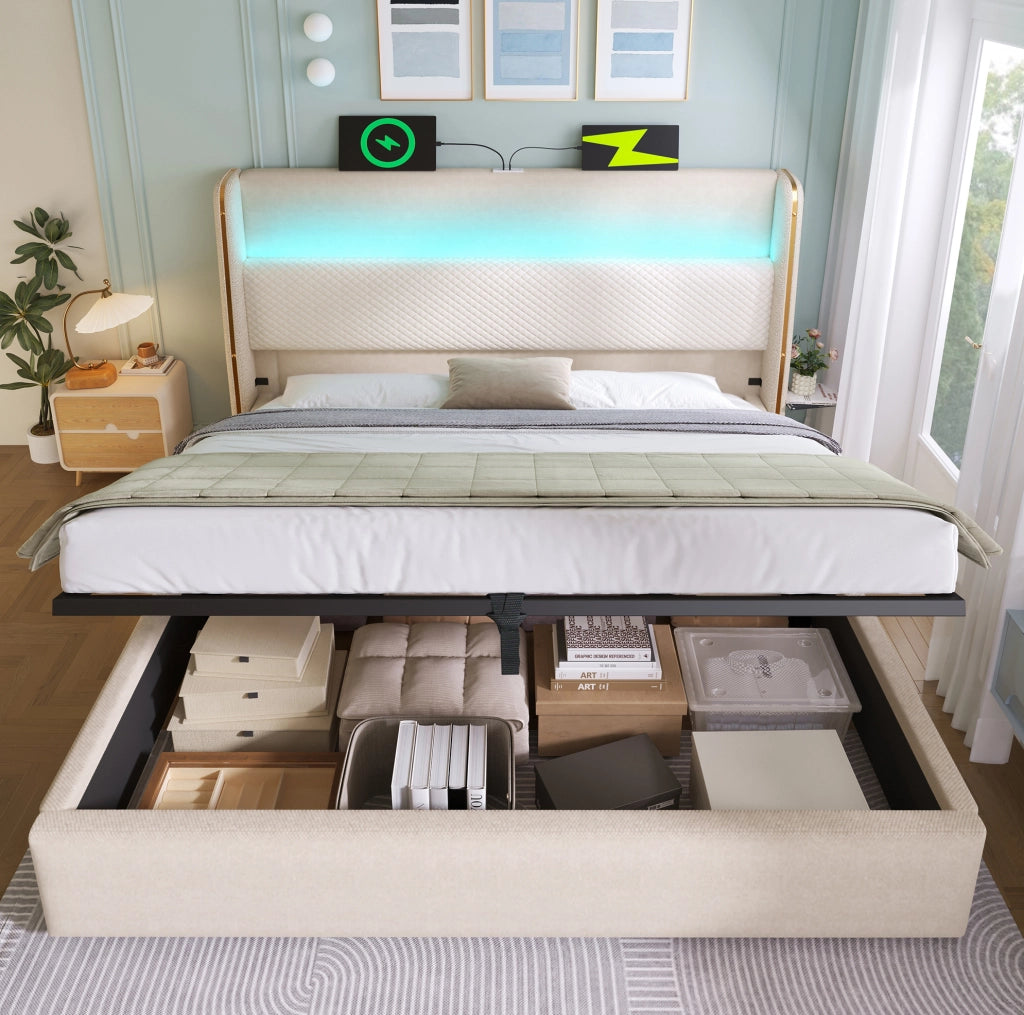 Letto matrimoniale 160x200 cm in lino beige con LED, contenitore e materasso