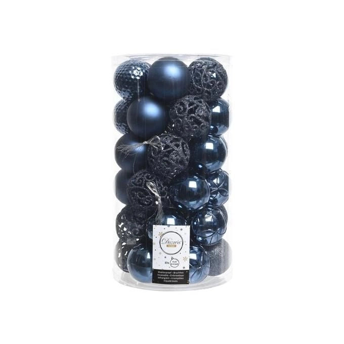 AMICASA 020810 Set 37 Palline di Natale Infrangibili in Plastica Mix Lucide Opache e Glitterate 6 cm colore Blu Notte
