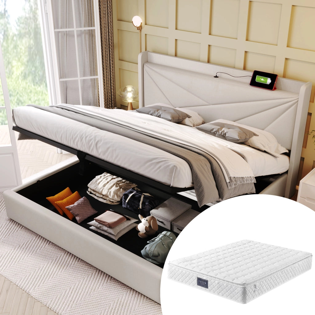 Letto matrimoniale contenitore 140x200 in cotone lino con USB-C, testiera geometrica e materasso