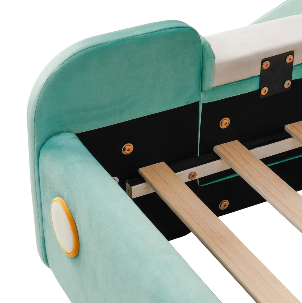 Letto per bambini 140x200 cm a forma di auto con scivolo e scala in velluto blu-verde