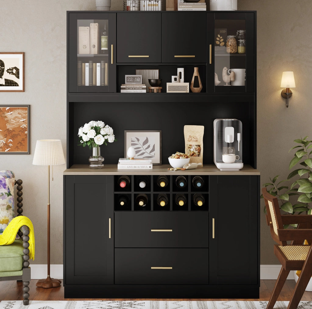 Credenza nera 120x36,3x180 cm con LED, prese USB e sei ante