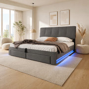 Letto imbottito 140x200 cm con contenitore idraulico, LED, USB e USB-C in lino grigio