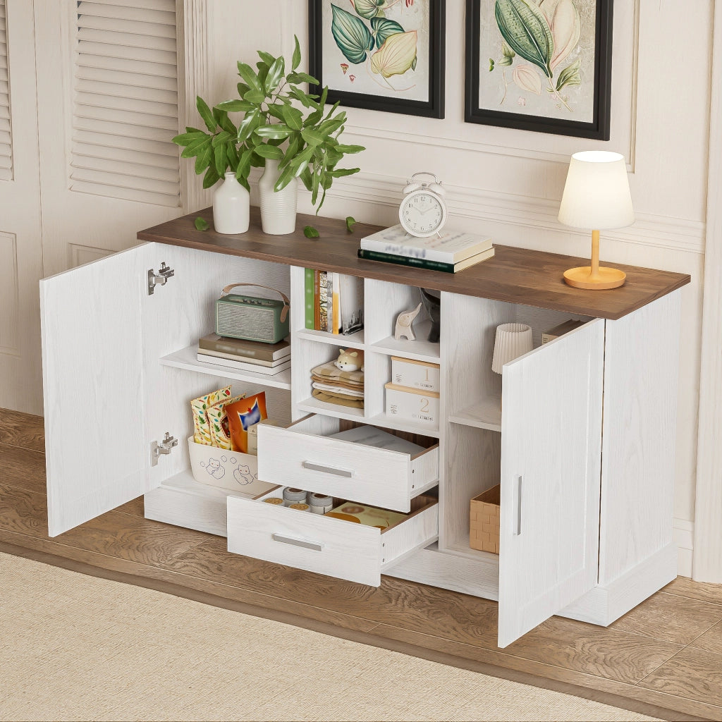 Credenza 140 x 40 x 79,5 cm, 2 ante + 2 cassetti + 4 nicchie, legno marrone e bianco, mobile cucina