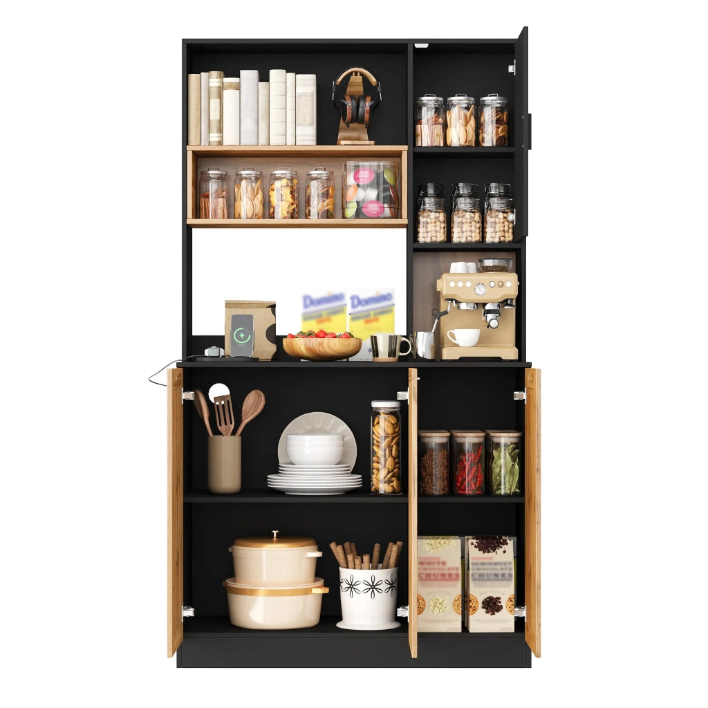 Armadio da cucina alto 100x40x180 cm con illuminazione LED e prese, ripiani regolabili, vetrina per soggiorno e sala da pranzo