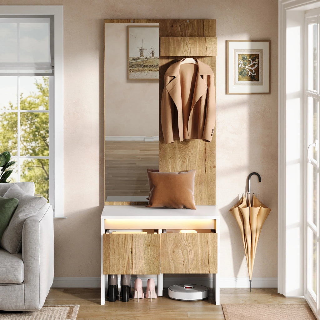 Set guardaroba con appendiabiti, specchio, panca porta scarpe e 2 cassetti, bianco e naturale, 60×38×145 cm