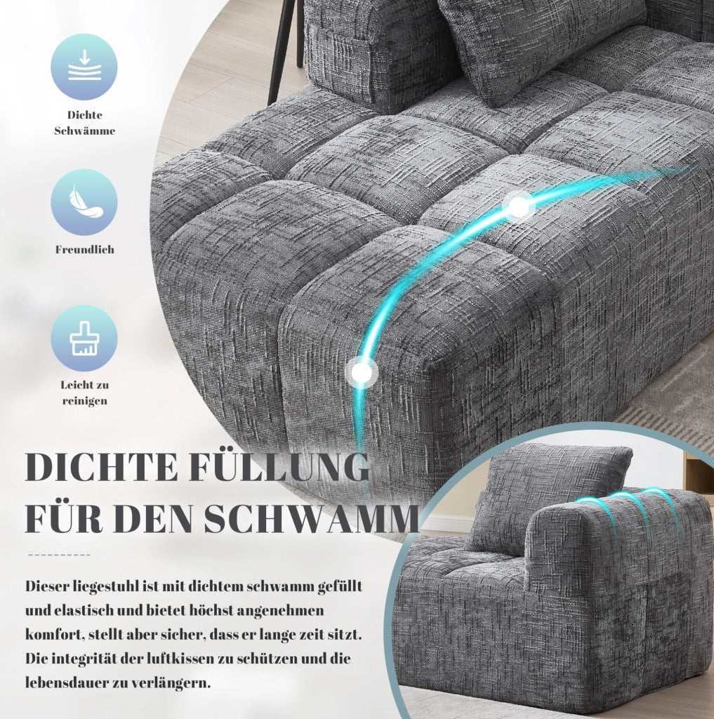 Divano chaise longue in ciniglia grigio con tasche laterali e cuscino