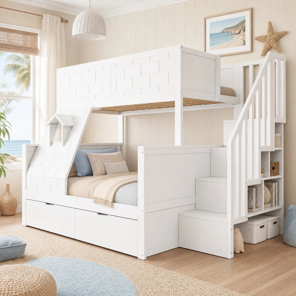 Letto a castello per bambini con scala contenitore; 2 cassetti e finestra; bianco
