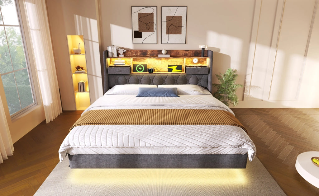 Letto imbottito 160x200 cm con illuminazione LED, testiera con stazione di ricarica USB e Type-C, struttura in lino grigio, senza materasso
