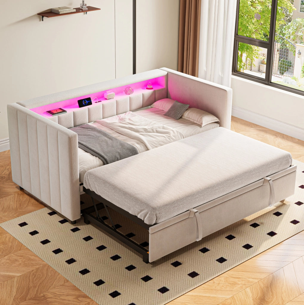 Divano letto estraibile con LED e USB Type-C; 90x190 cm; in velluto beige