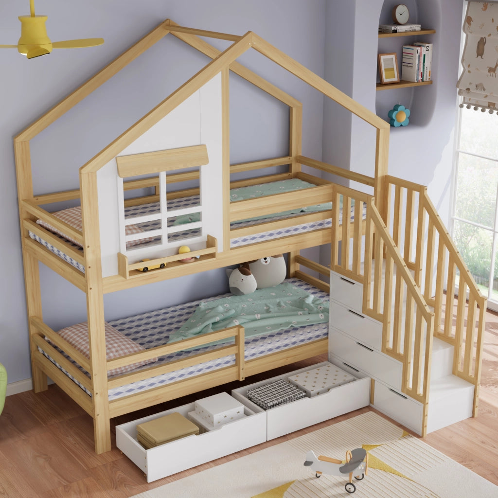 Letto a castello per bambini 90x200 cm in pino e MDF; a casetta; bianco e naturale; con scala contenitore e cassetti