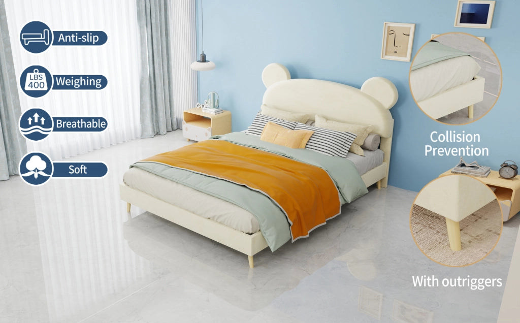 Letto Per Bambini Beige 140x200 cm con Testiera Morbida a Tema Orso e Materasso a Molle