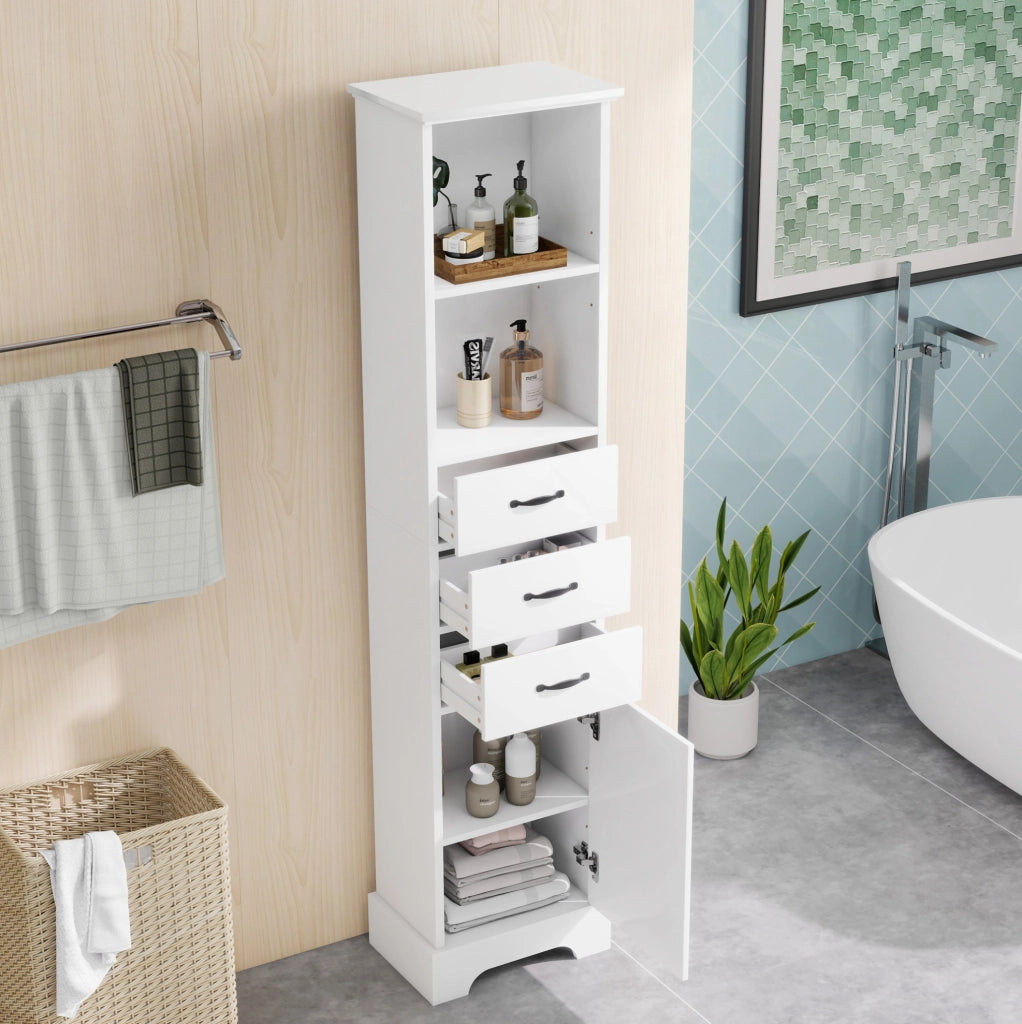 Colonna da bagno 38x26x172,5 cm con 3 cassetti e ripiani regolabili in MDF bianco