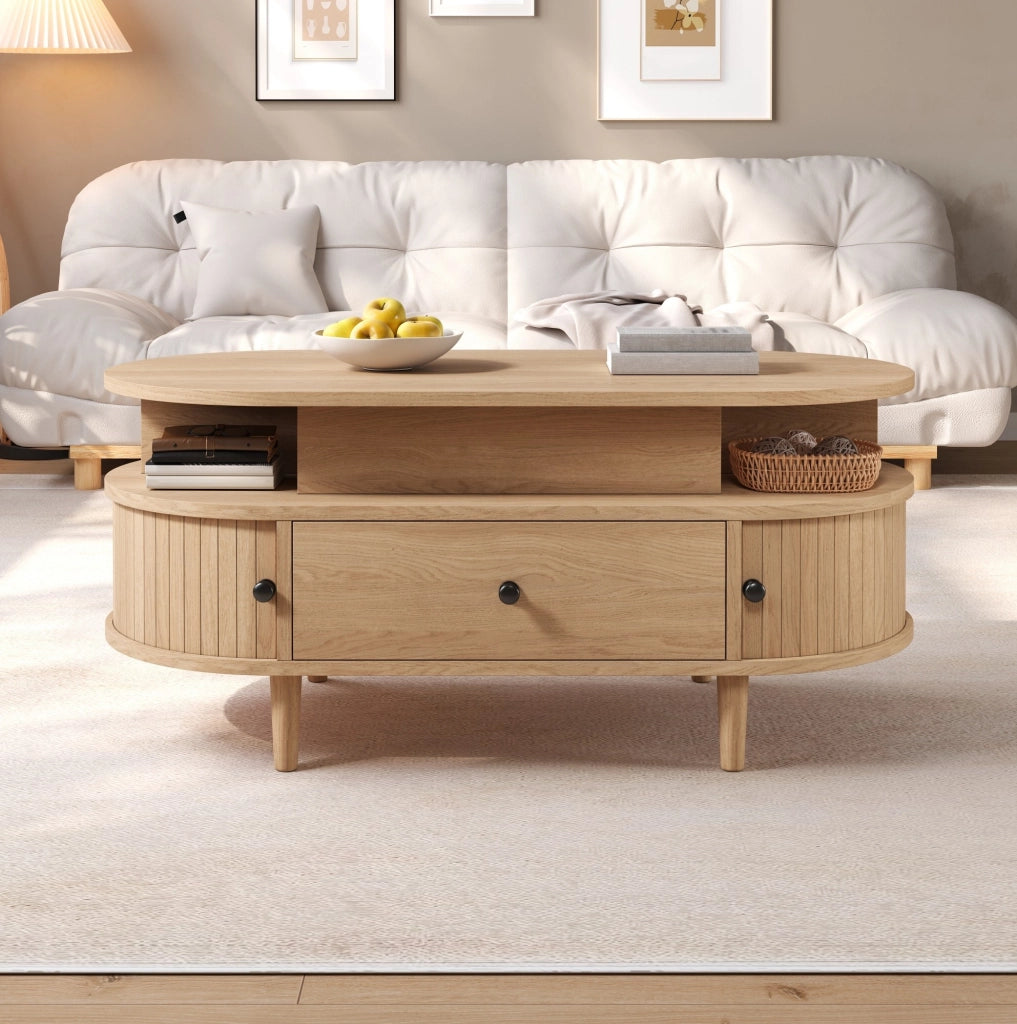 Tavolino da caff¨¨ ovale 105x50 cm con piano sollevabile in MDF naturale