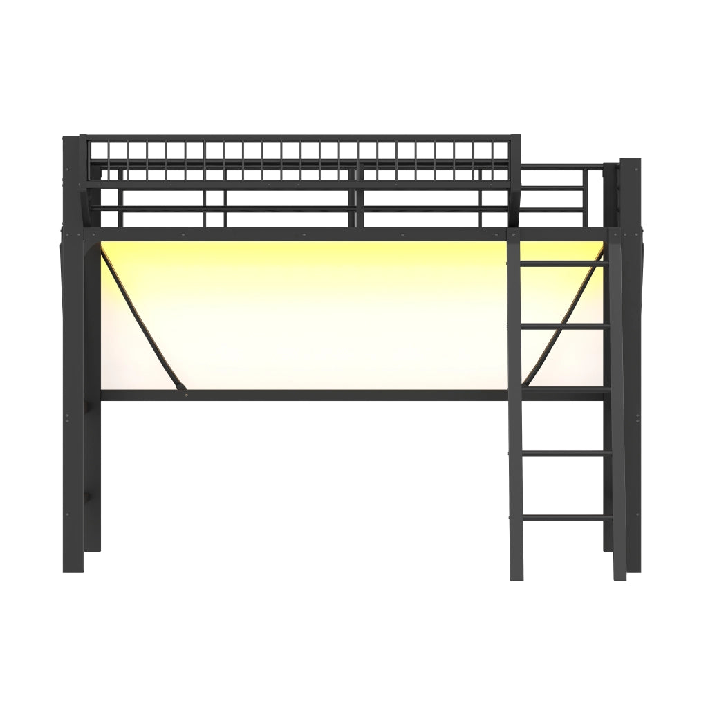 Letto a soppalco 90 × 200 cm 1 posto con LED a 7 colori, cestino laterale e barriere, senza materasso, nero