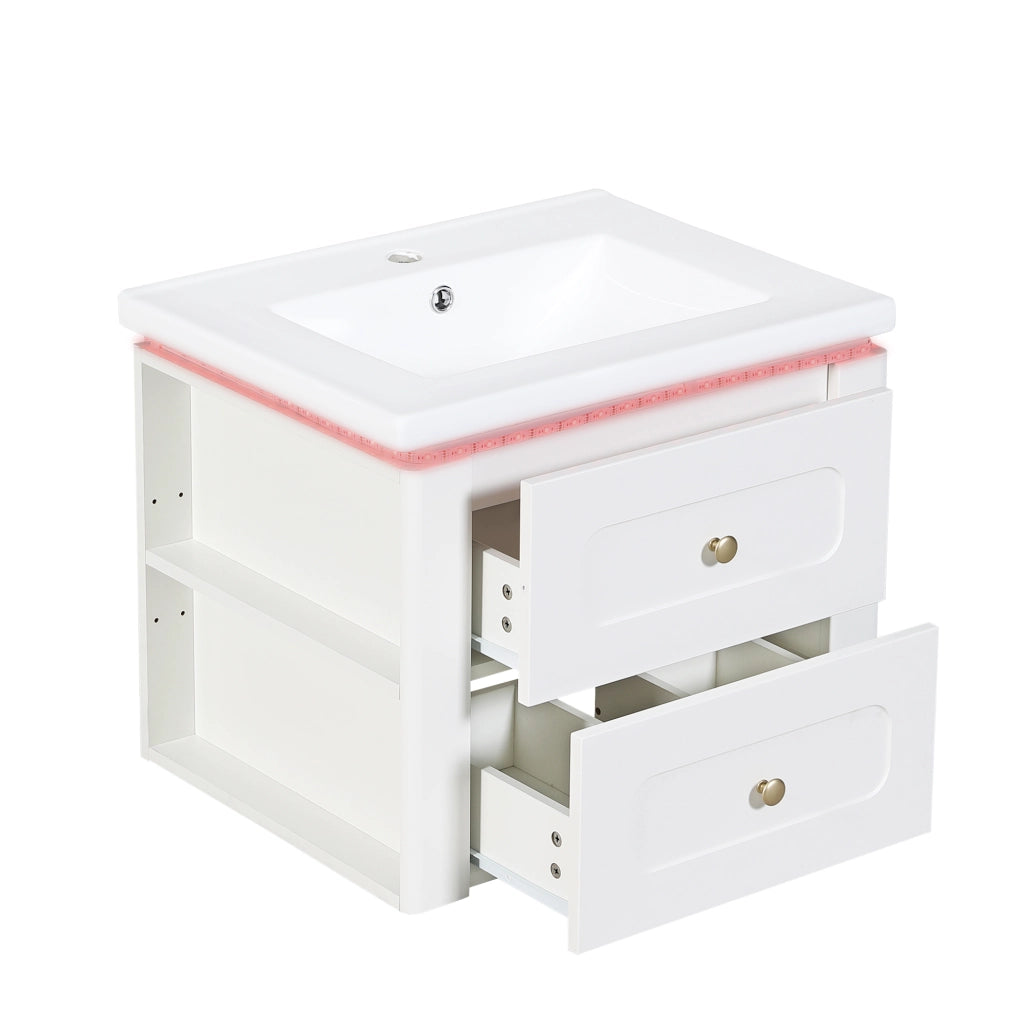 Mobile bagno sospeso 61 cm con lavabo in ceramica, LED e cassetti bianco
