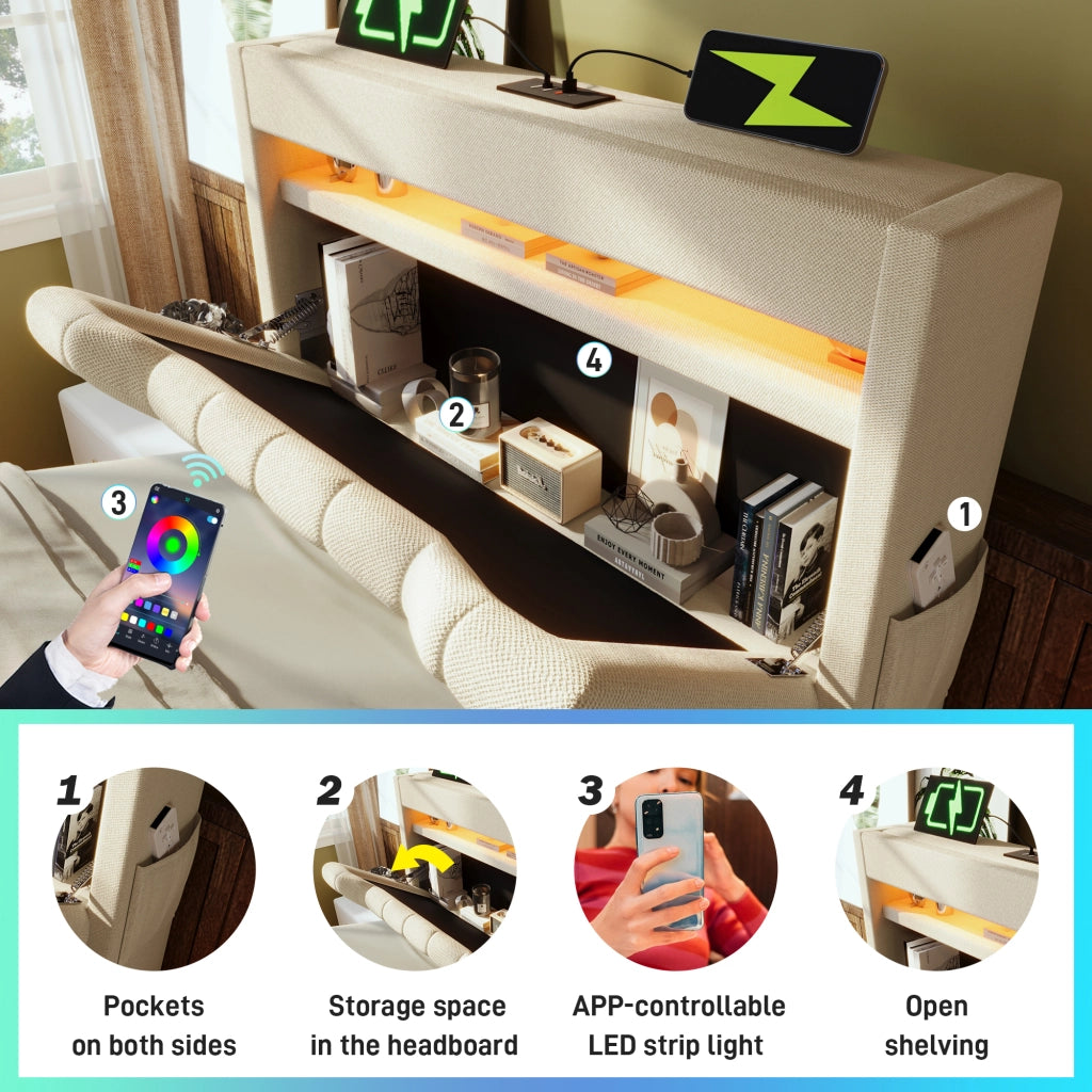 Letto contenitore imbottito 90x200 cm con testiera portaoggetti; LED testiera/pediera; USB; USB-C; idraulico; lino beige
