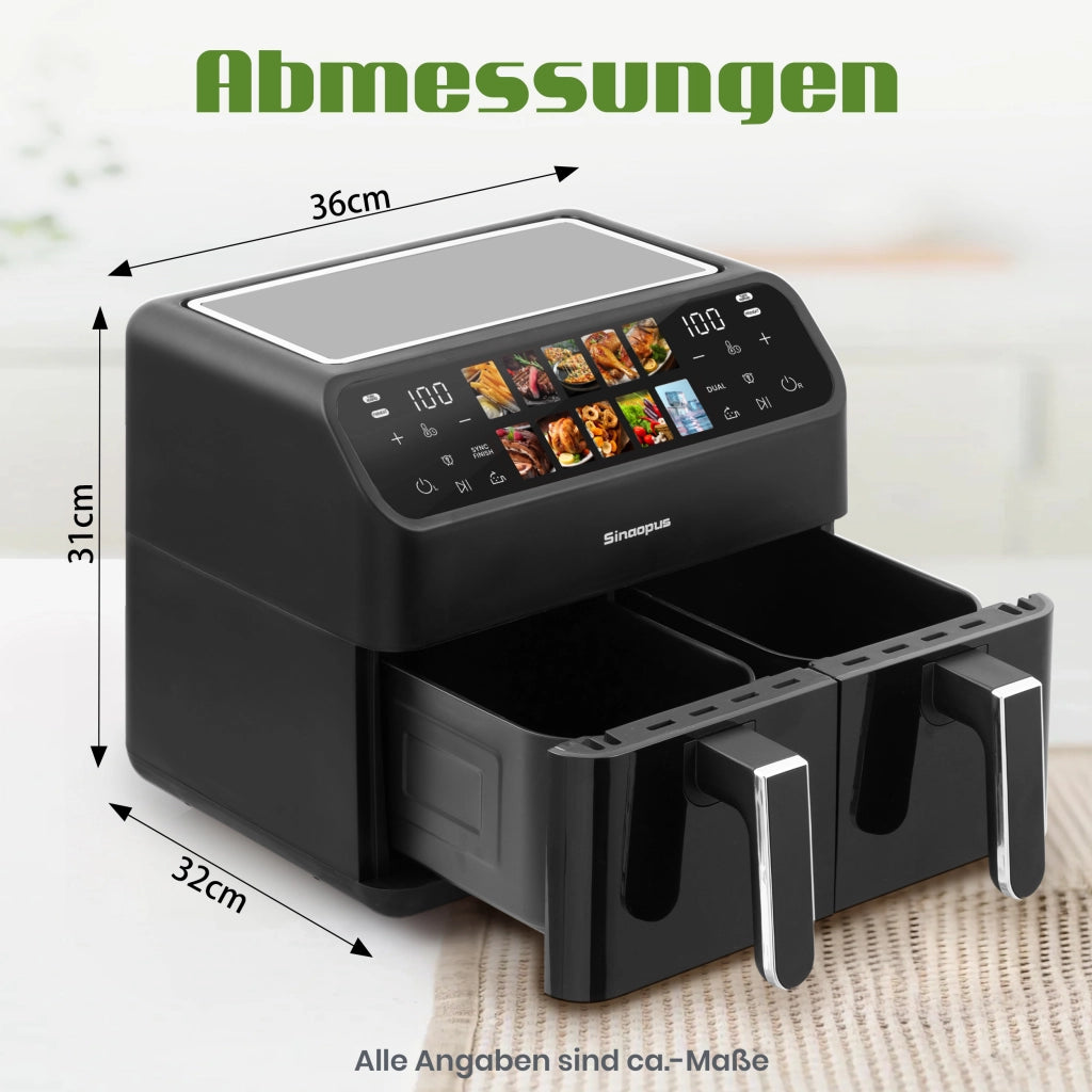 Friggitrice ad aria a doppio cestello 9 l 2000 W con display LED touch temperatura 80–200 °C e timer 60 min nera