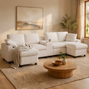 Divano a U 315x135 cm in velluto a coste beige con 2 pouf, USB e prese