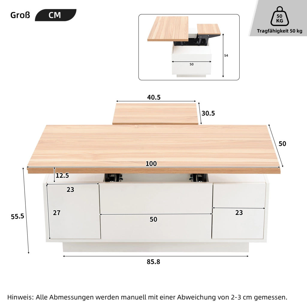 Tavolino da salotto con doppio piano sollevabile 100 x 50 x 55,5 cm in truciolato bianco e legno