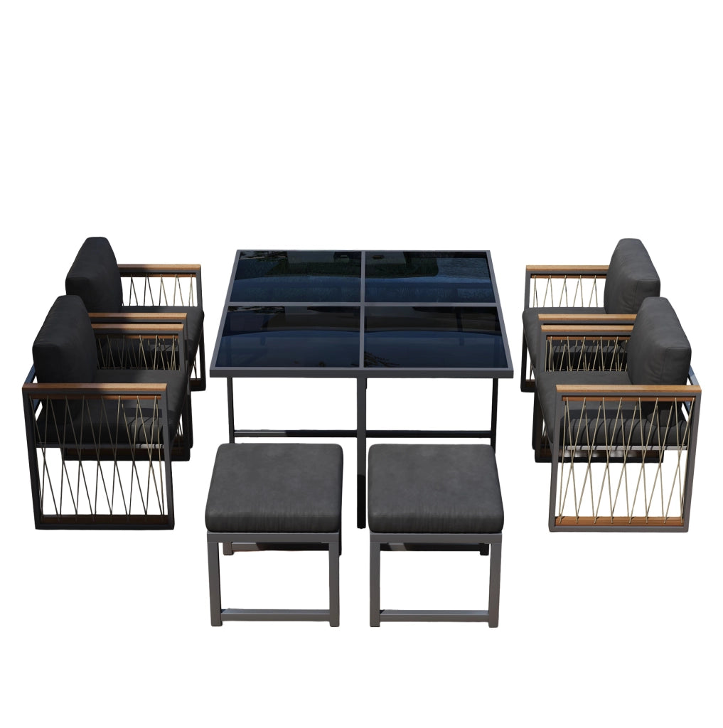 Set da pranzo da esterno 7 pezzi per 6 persone con tavolo quadrato in vetro temprato e sedie con braccioli in legno-plastica