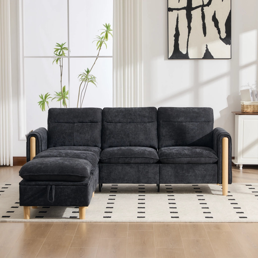 Divano angolare a 3 posti in chenille nero con pouf contenitore e chaise longue reversibile 201 × 77 × 86 cm