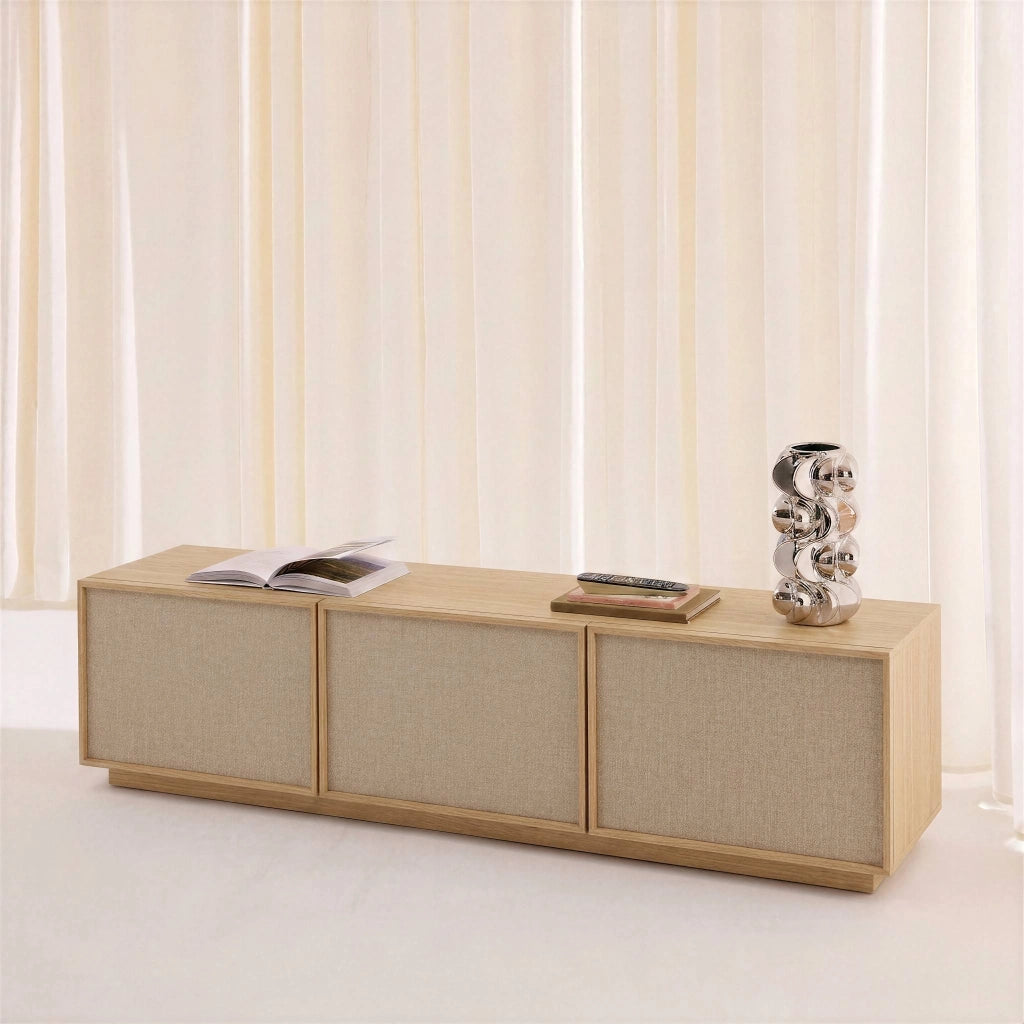 Mobile tv decorazione legno e tessuto 3 ante, 180cm, marrone naturale