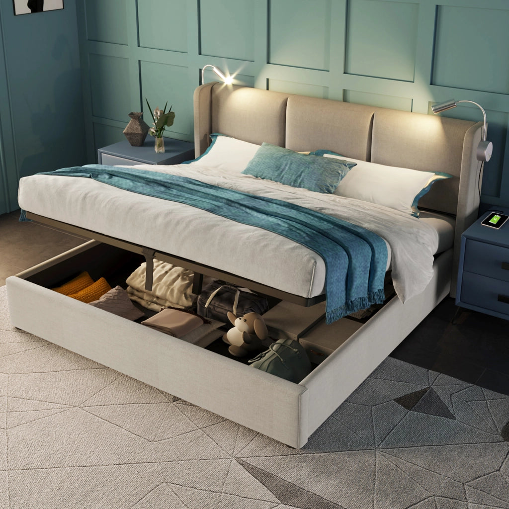 Letto matrimoniale imbottito 140 ¡Á 200 cm con contenitore luce da lettura USB in lino beige