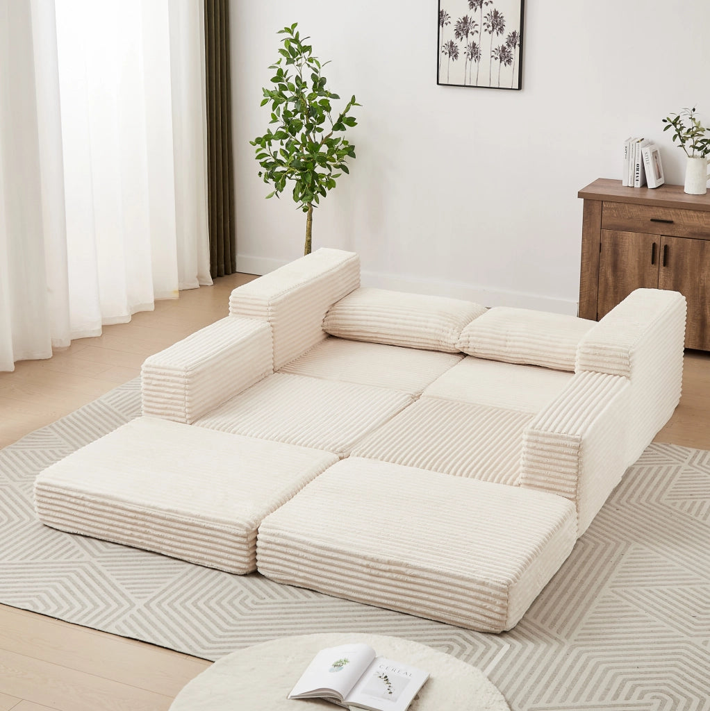 Divano Letto 2-in-1 in Velluto Corde con Pouf Rimovibile e Braccioli Quadrati