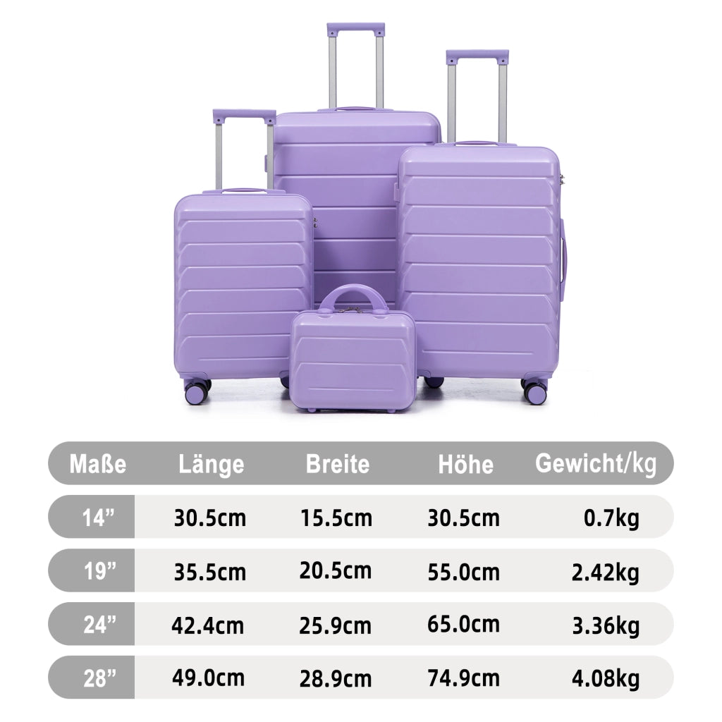 Set di valigie rigide 4 pezzi in ABS blu e viola; spinner; lucchetto a combinazione e beauty case da 14 pollici