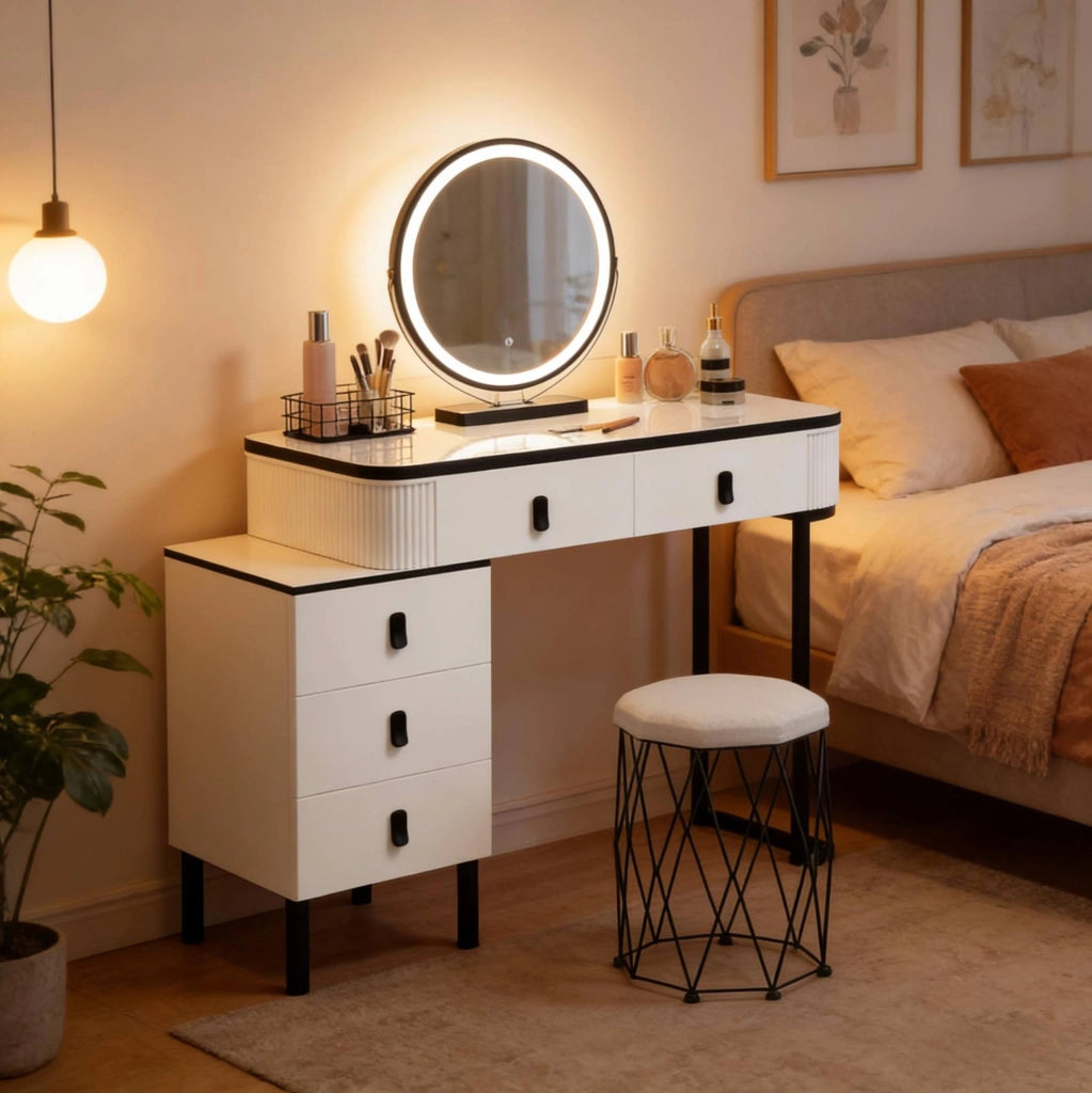 Toeletta ULEVR 125x40x100 cm con specchio LED dimmerabile, 5 cassetti e sgabello in velluto, bianco e nero