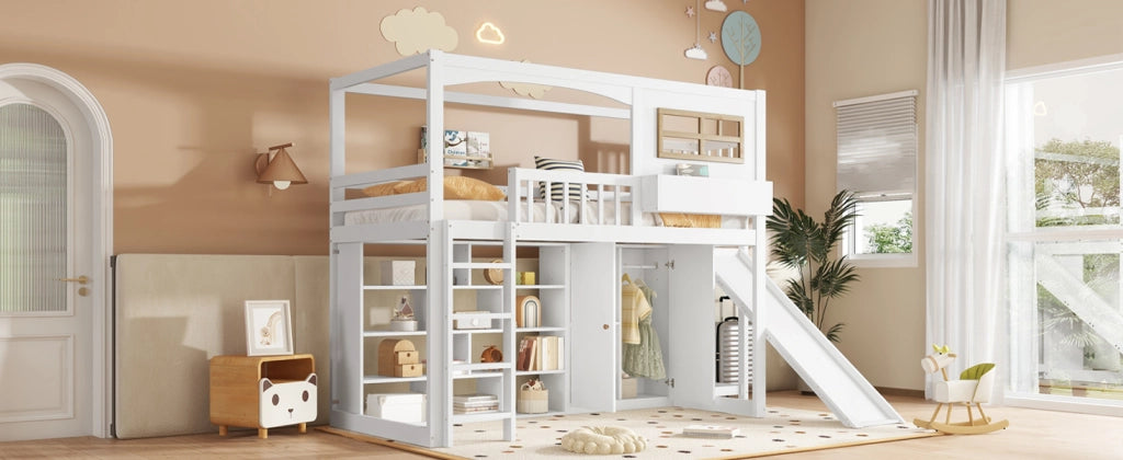 Letto a soppalco per bambini con scivolo; armadio e ripiani; in pino; MDF e compensato; bianco e naturale; 90x200 cm