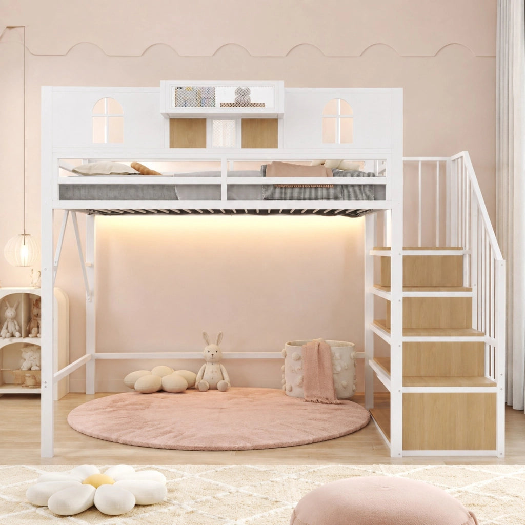 Letto a soppalco ULEVR 90x200 cm in metallo bianco con scala contenitore, ripiano laterale e striscia luminosa