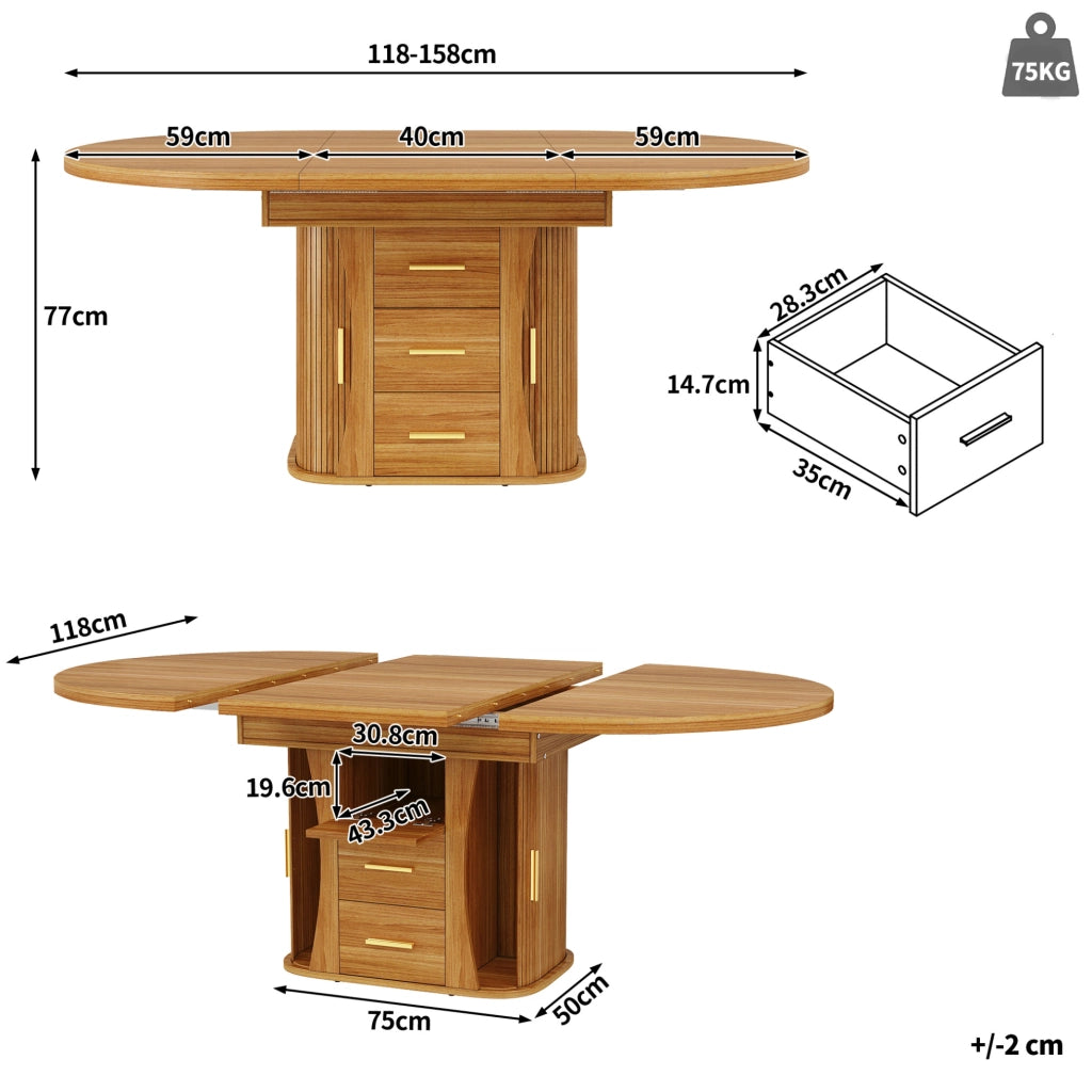 Tavolo da pranzo allungabile ovale in MDF, 118-158 cm, noce, per fino a 6 persone