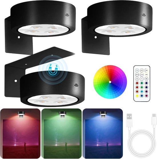 Lampada da parete a LED senza fili con telecomando, regolabile e timer, 3 modalità di illuminazione, lampada per esposizione d'arte per fotografia, quadro, ritratto, decorazione da parete spot, colore nero - stile RGB