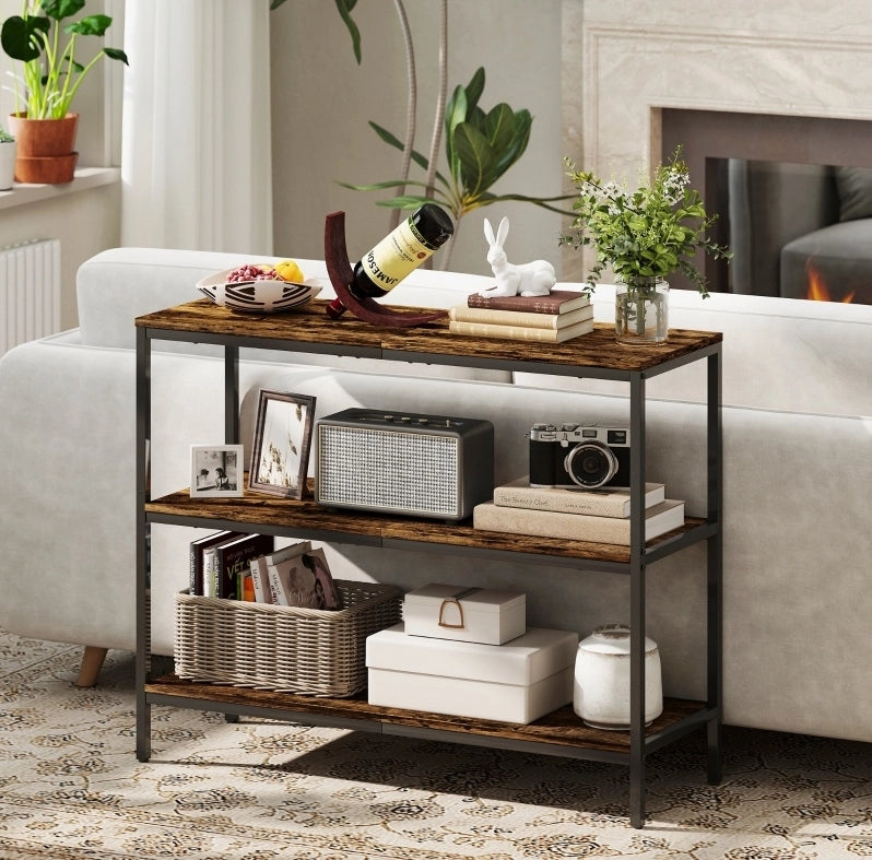 Console 101x35x80 cm in legno e metallo marrone chiaro, 3 ripiani