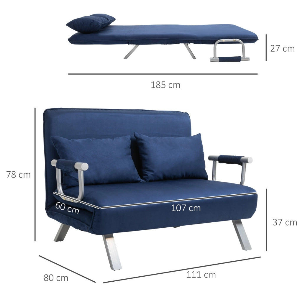 Divano letto a due posti blu con schienale regolabile in cinque posizioni e struttura resistente