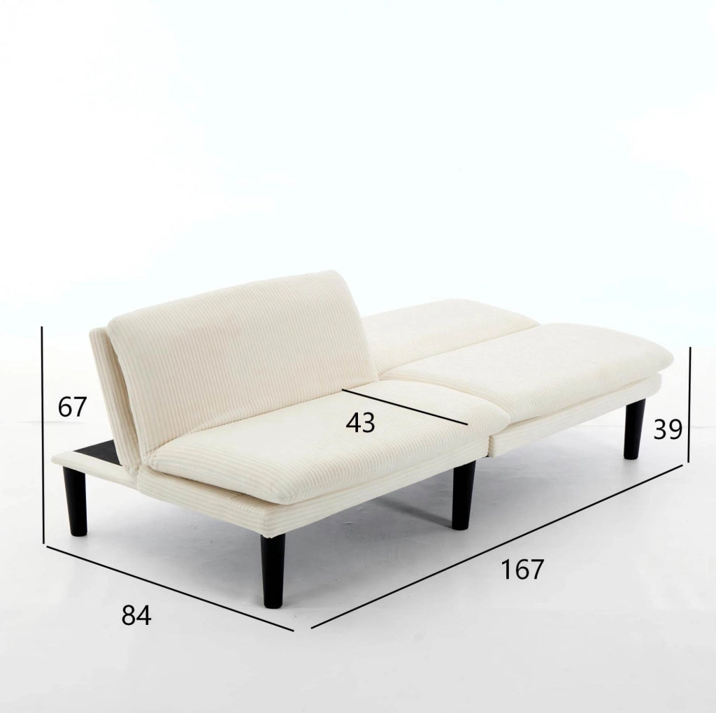 Divano a 2 posti regolabile a 3 posizioni in velluto beige con piedi neri in plastica e struttura in legno