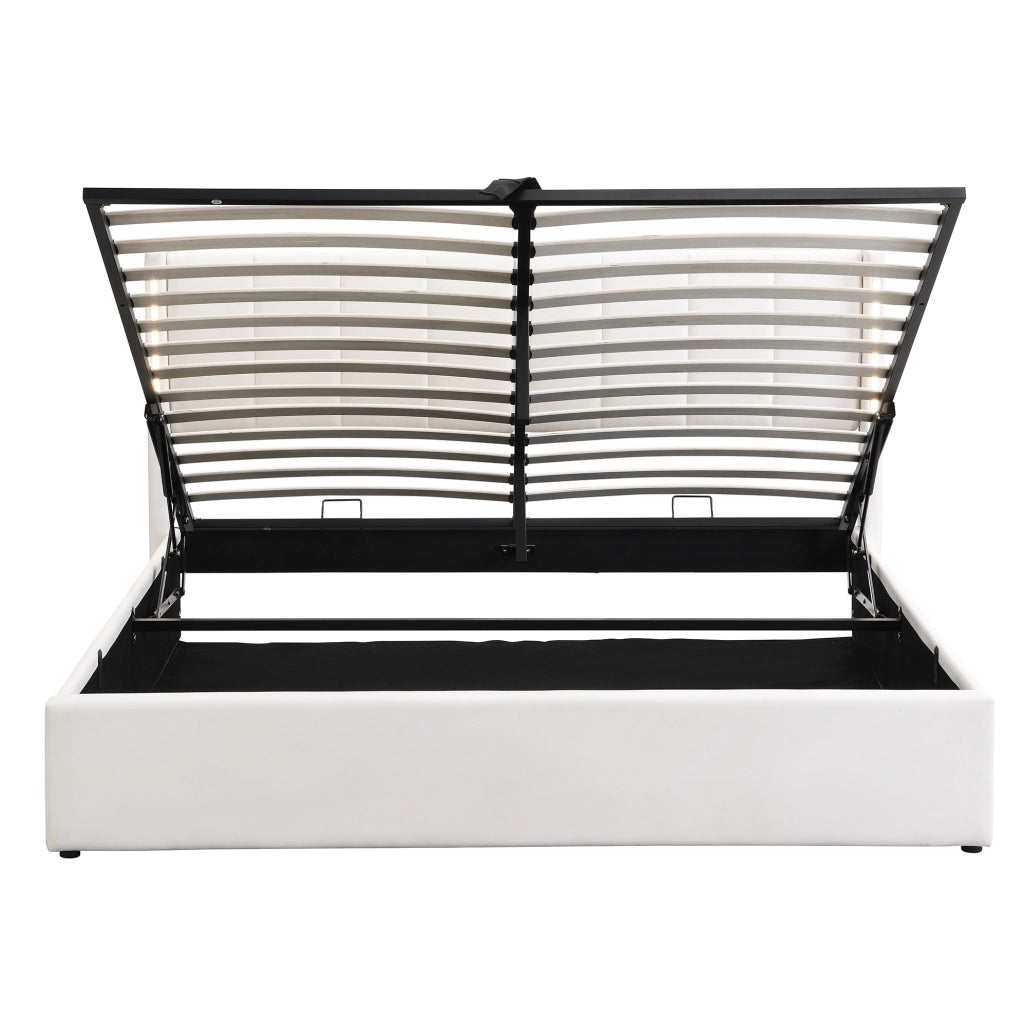 Letto imbottito LED 160x200 cm con contenitore, schienale regolabile, USB ricaricabile e rivestimento in PU bianco