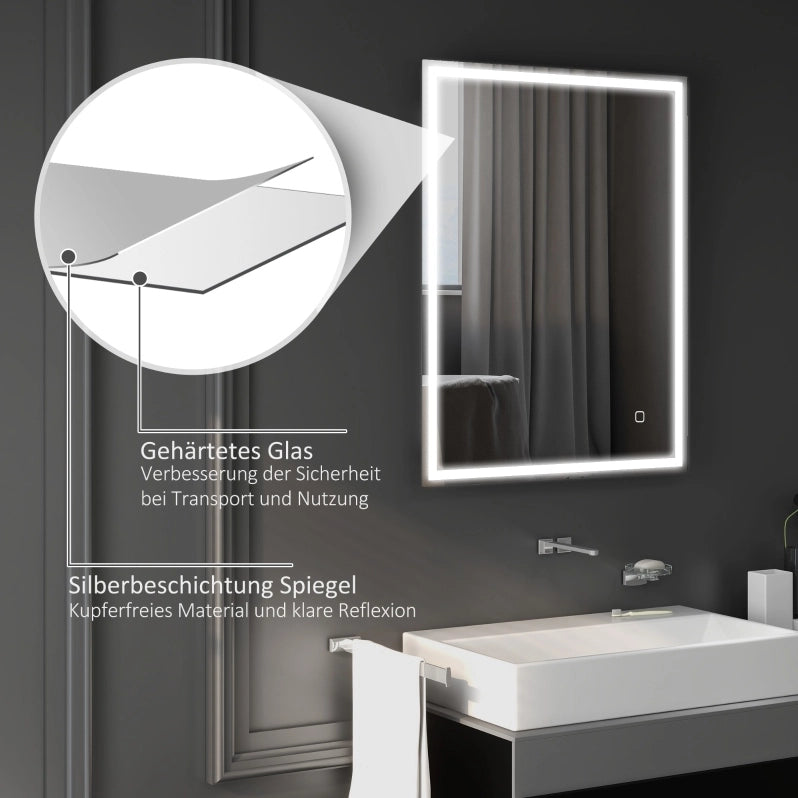 Specchio da bagno LED 90x70 cm con illuminazione dimmerabile e funzione memoria, design in vetro temperato argento