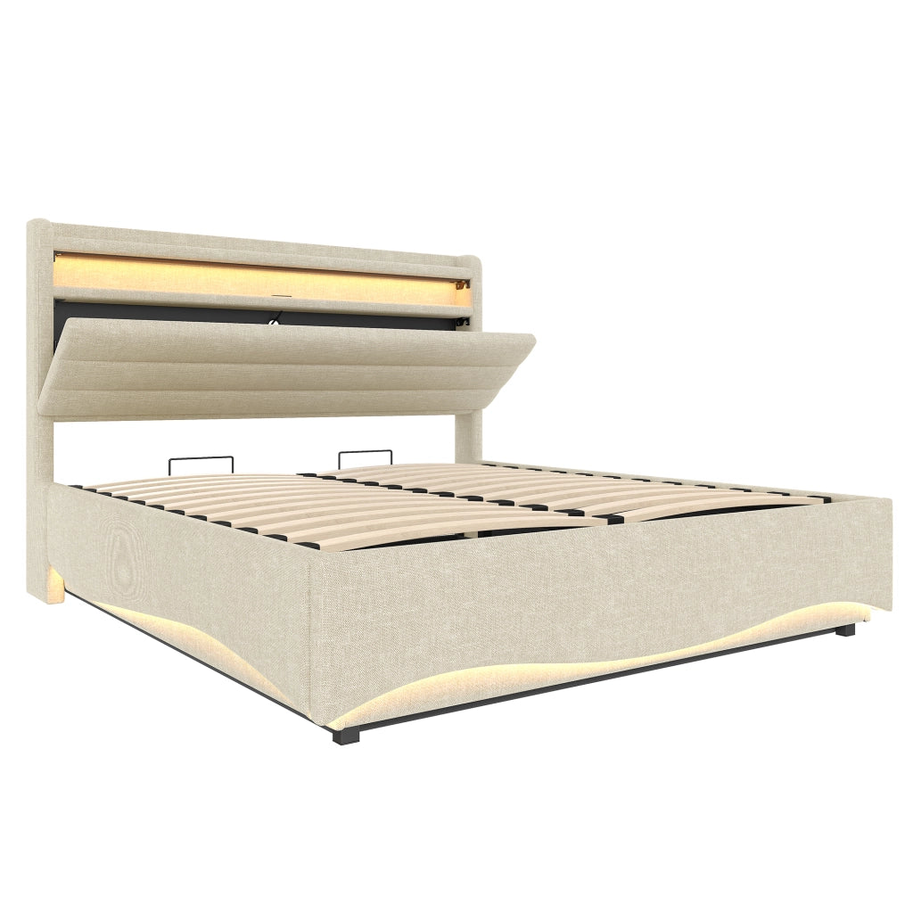 Letto contenitore 140x200 cm in lino beige con ripiani; LED; USB e USB-C