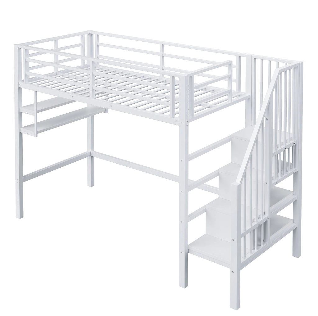 Letto a soppalco per bambini 90x200 cm con scala contenitore e ripiani in metallo bianco