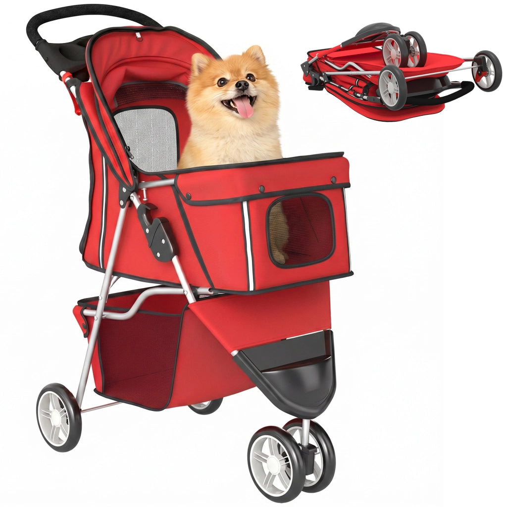 Passeggino per Cani Piccoli Pieghevole con Portabicchieri, Cestino Portaoggetti, per Animali fino 10 kg, Rosso