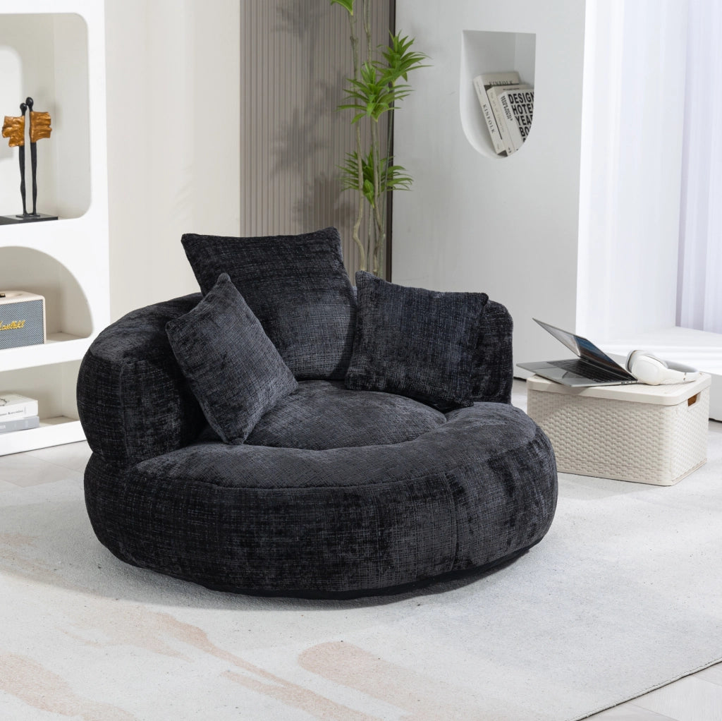 Poltrona sacco singola in ciniglia nera con schienale alto e braccioli; 108 × 108 × 52 cm