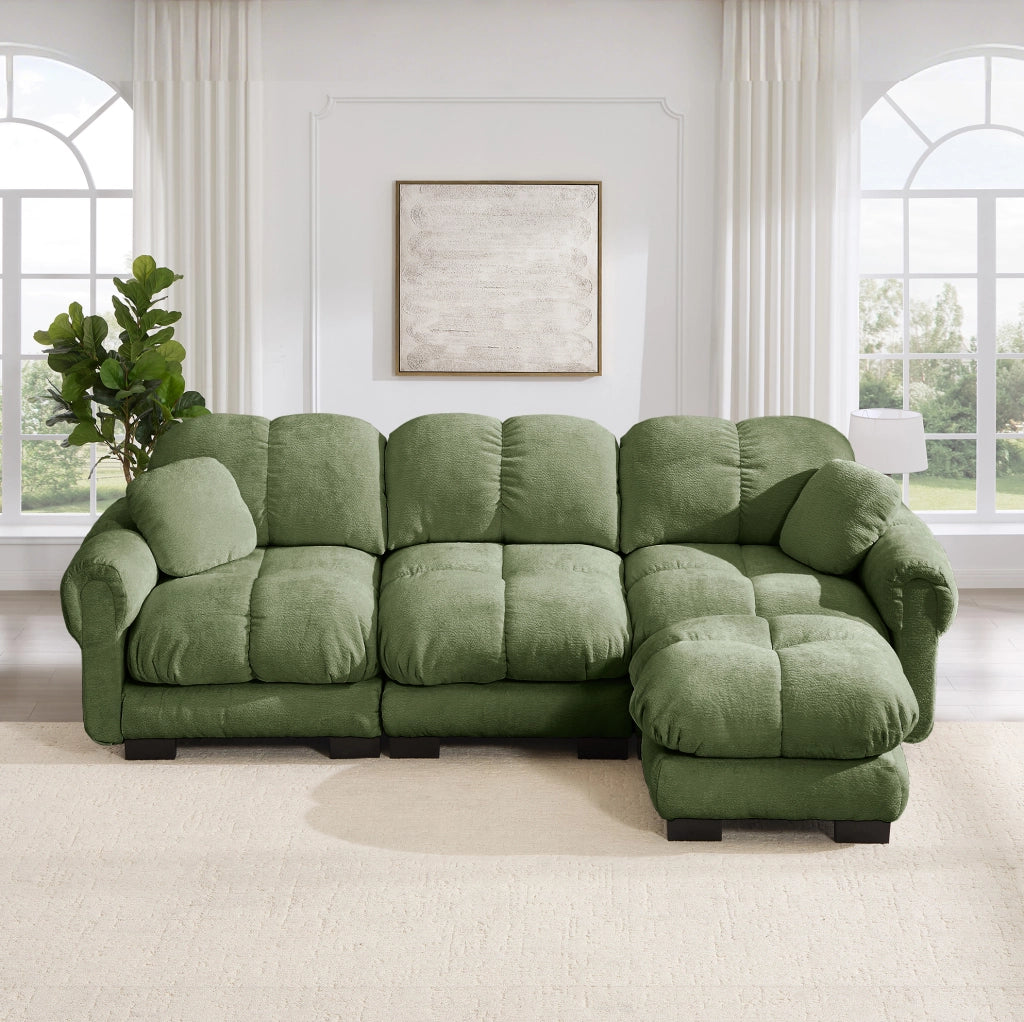 Divano angolare ULEVR 260x149x90 cm con pouf mobile e cuscini trapuntati in ciniglia verde