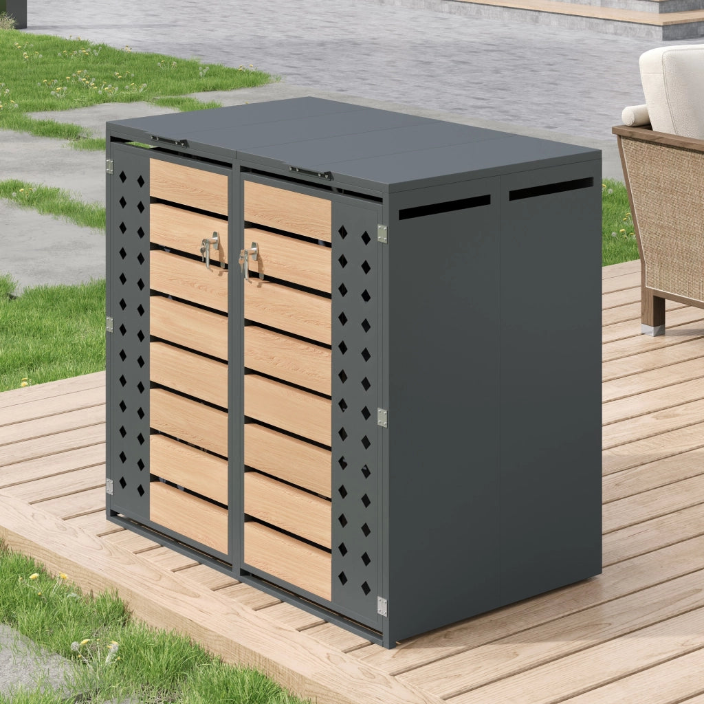 Copri bidoni a 2 scomparti con coperchio idraulico in acciaio zincato grigio effetto legno 132 × 80 × 118.5 cm
