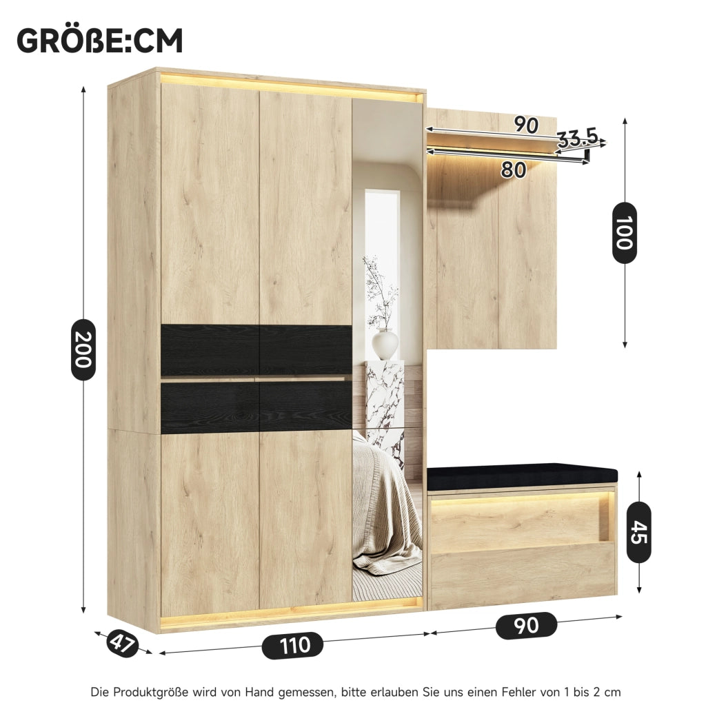 Guardaroba da ingresso con specchio e 3 luci LED, 200 x 47 x 200 cm, MDF, antracite e rovere