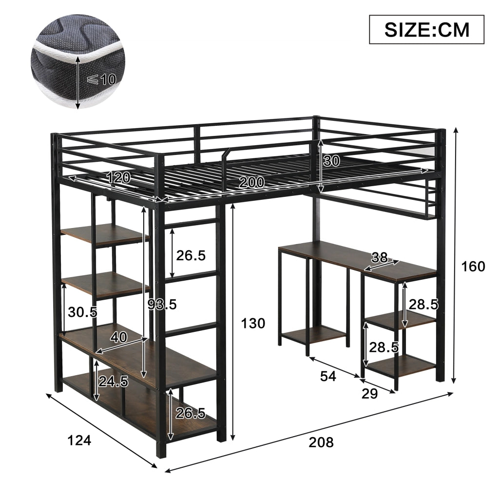 Letto a soppalco per bambini 120 × 200 cm con scrivania ripiano scala a 4 gradini metallo nero noce scuro