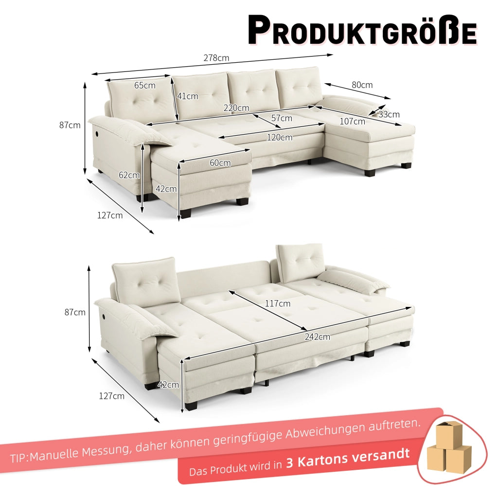 Divano letto modulare a U ULEVR 278x127 cm con letto estraibile, USB e cuscini rimovibili, beige
